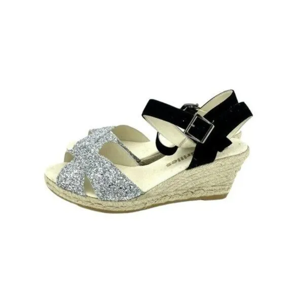 ESPADRILLES Boem Wedge Sandals Silver Glitter Black Suede Sz 42 US 11.5 US NIB