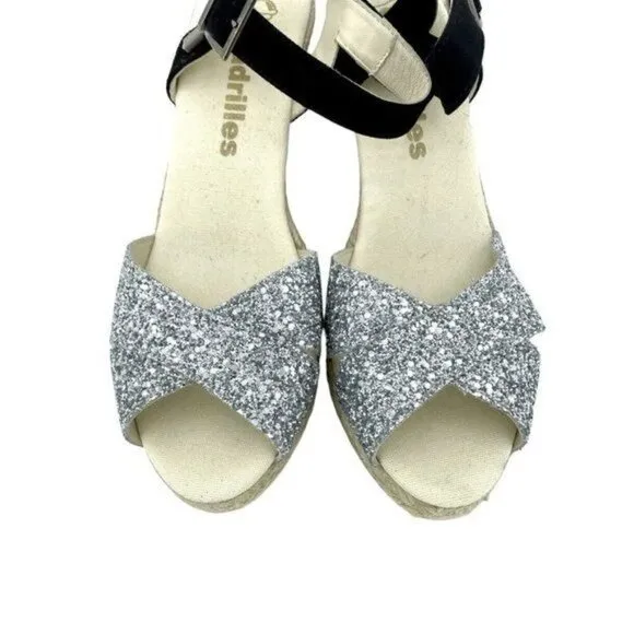 ESPADRILLES Boem Wedge Sandals Silver Glitter Black Suede Sz 42 US 11.5 US NIB