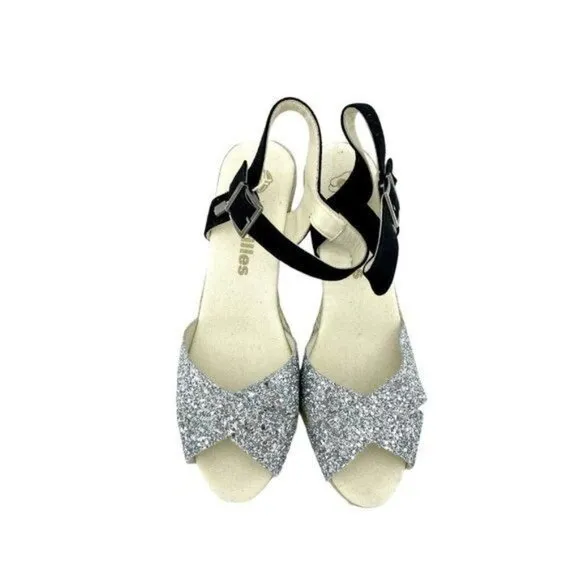 ESPADRILLES Boem Wedge Sandals Silver Glitter Black Suede Sz 42 US 11.5 US NIB