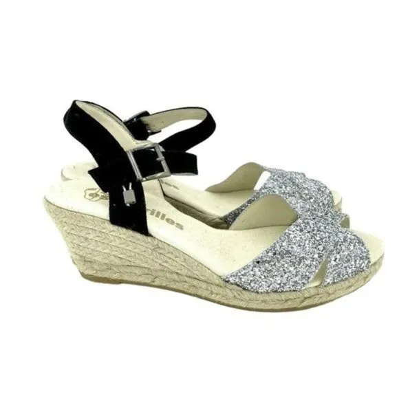 ESPADRILLES Boem Wedge Sandals Silver Glitter Black Suede Sz 42 US 11.5 US NIB