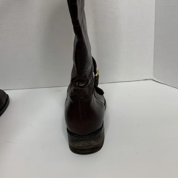 Etienne Aigner | Brown Leather Mid Calf LEGACY Boots Tall Gold Embellished Boot