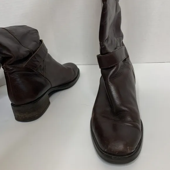 Etienne Aigner | Brown Leather Mid Calf LEGACY Boots Tall Gold Embellished Boot