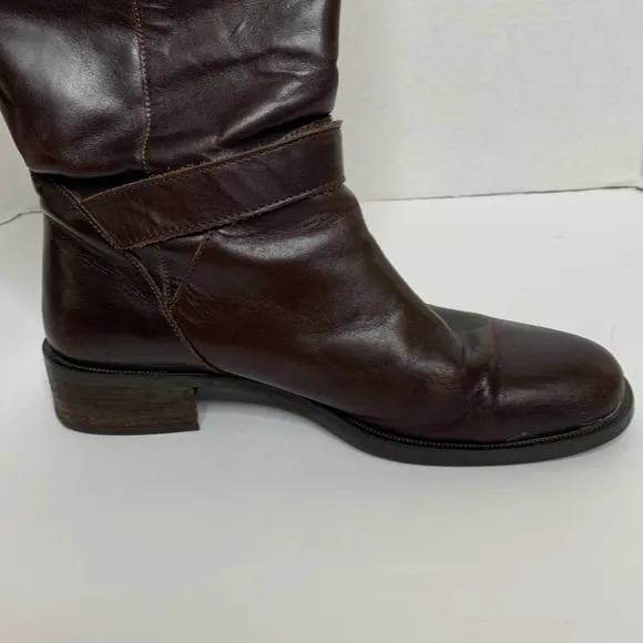 Etienne Aigner | Brown Leather Mid Calf LEGACY Boots Tall Gold Embellished Boot