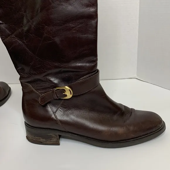 Etienne Aigner | Brown Leather Mid Calf LEGACY Boots Tall Gold Embellished Boot