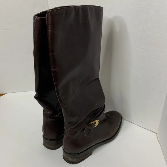 Etienne Aigner | Brown Leather Mid Calf LEGACY Boots Tall Gold Embellished Boot