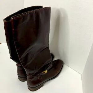 Etienne Aigner | Brown Leather Mid Calf LEGACY Boots Tall Gold Embellished Boot
