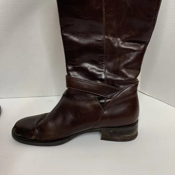 Etienne Aigner | Brown Leather Mid Calf LEGACY Boots Tall Gold Embellished Boot