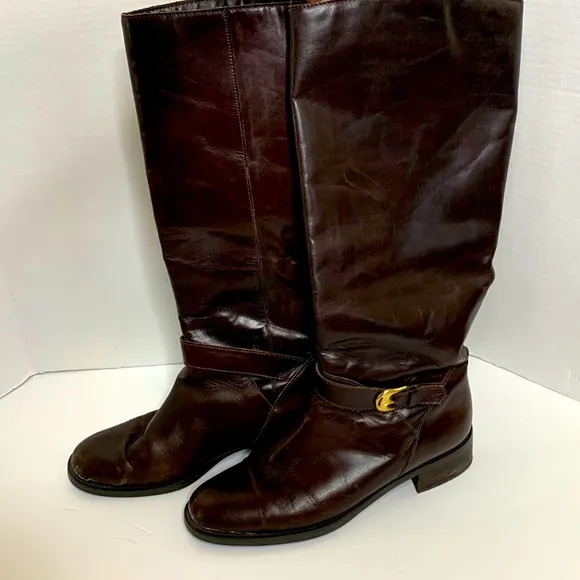 Etienne Aigner | Brown Leather Mid Calf LEGACY Boots Tall Gold Embellished Boot