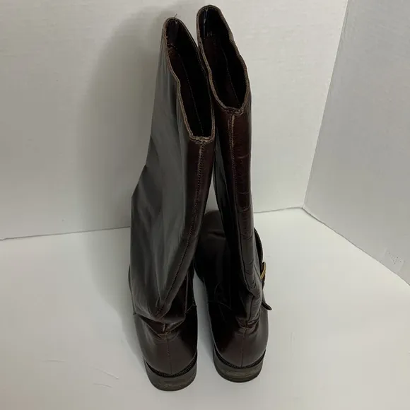 Etienne Aigner | Brown Leather Mid Calf LEGACY Boots Tall Gold Embellished Boot
