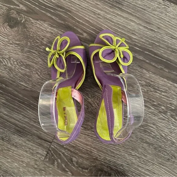 ETRO Vernice Vogue lime purple flower open toe sling back sandals