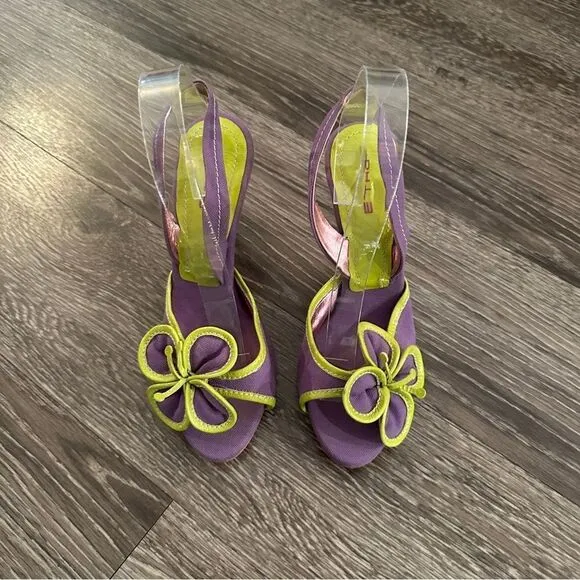 ETRO Vernice Vogue lime purple flower open toe sling back sandals