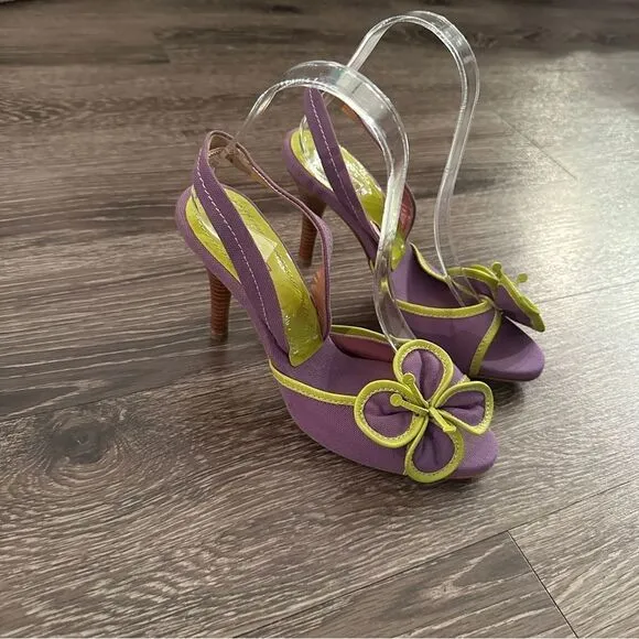 ETRO Vernice Vogue lime purple flower open toe sling back sandals