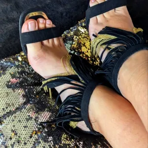 Express, 8 tassels &amp; gold chains around the ankle of this one of a kind sandals