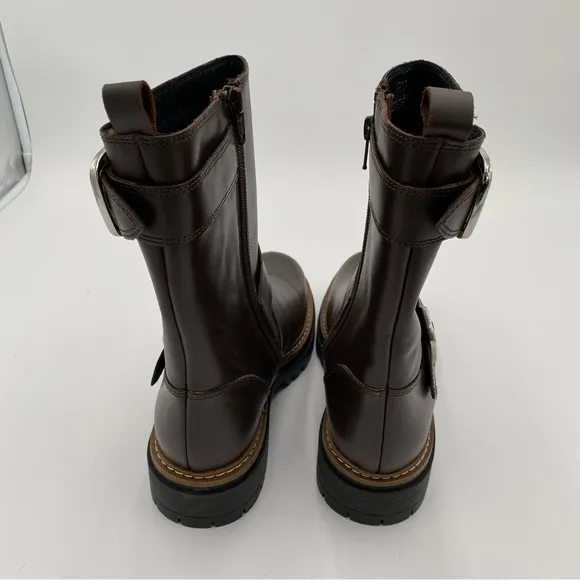 Fabianelli Leather Double Buckle Chunky Mid Lug Boots Brown U376 Size 7.5 (NWOT)