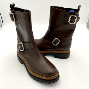 Fabianelli Leather Double Buckle Chunky Mid Lug Boots Brown U376 Size 7.5 (NWOT)