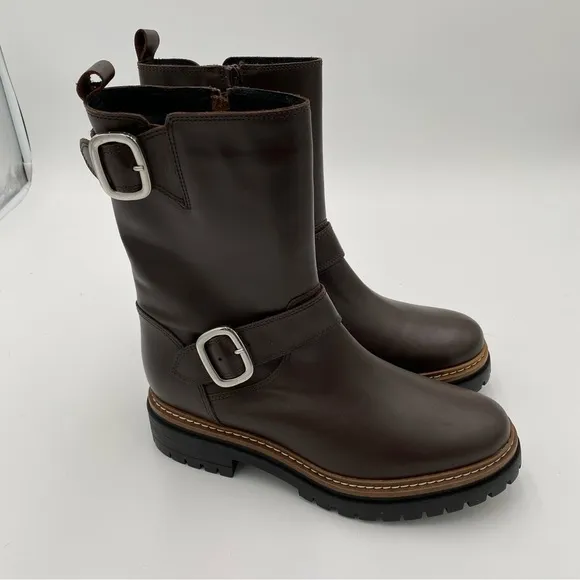 Fabianelli Leather Double Buckle Chunky Mid Lug Boots Brown U376 Size 7.5 (NWOT)