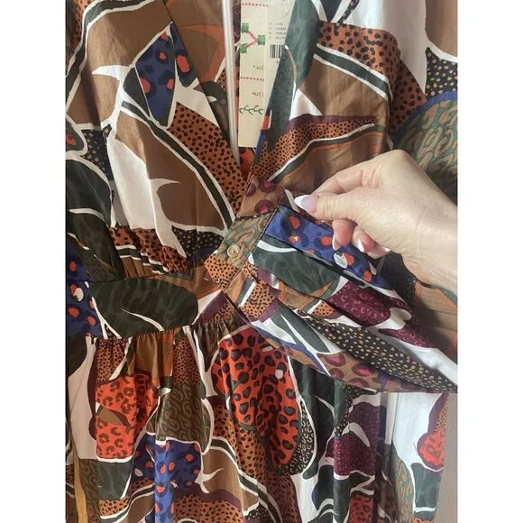 Farm Rio Anthropologie V-Neck Maxi Long Sleeve Dress Tropical Leaf Print Size 4