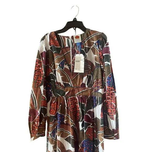 Farm Rio Anthropologie V-Neck Maxi Long Sleeve Dress Tropical Leaf Print Size 4