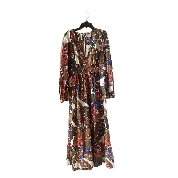 Farm Rio Anthropologie V-Neck Maxi Long Sleeve Dress Tropical Leaf Print Size 4