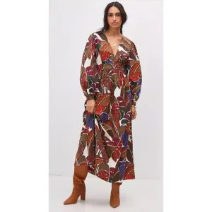 Farm Rio Anthropologie V-Neck Maxi Long Sleeve Dress Tropical Leaf Print Size 4
