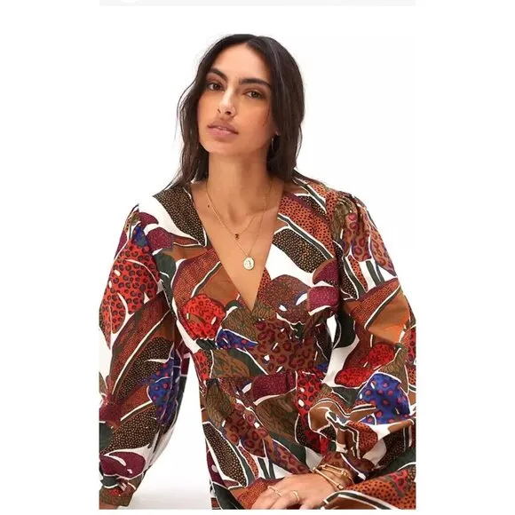 Farm Rio Anthropologie V-Neck Maxi Long Sleeve Dress Tropical Leaf Print Size 4