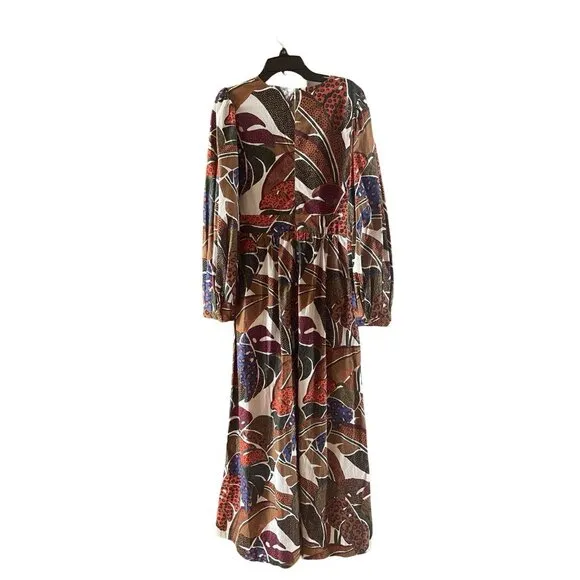 Farm Rio Anthropologie V-Neck Maxi Long Sleeve Dress Tropical Leaf Print Size 4