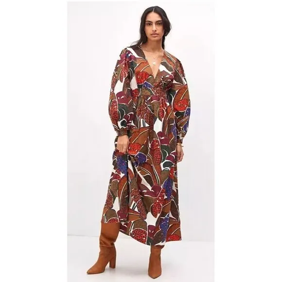 Farm Rio Anthropologie V-Neck Maxi Long Sleeve Dress Tropical Leaf Print Size 4