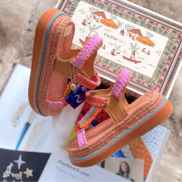Farm Rio Artisanal Flatform Raffia Velcro Sandals