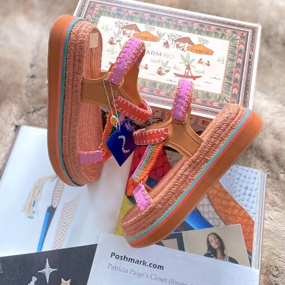 Farm Rio Artisanal Flatform Raffia Velcro Sandals