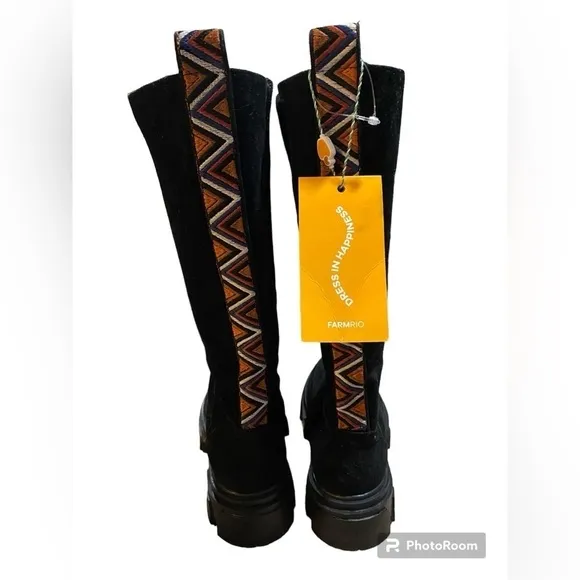 Farm Rio Black Suede Chunky Knee High Boots size 7