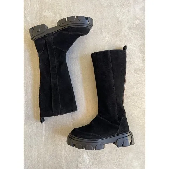 Farm Rio Boots Knee High Lug Sole Black Suede Sz 8.5 Tall Chunky Embroidery NEW