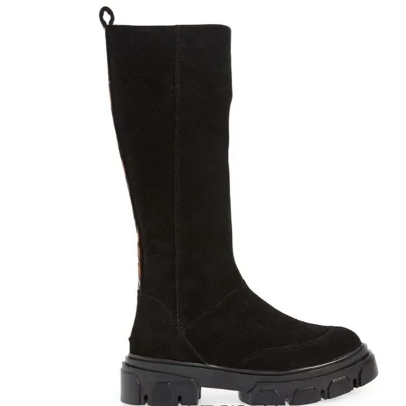 Farm Rio Boots Knee High Lug Sole Black Suede Sz 8.5 Tall Chunky Embroidery NEW
