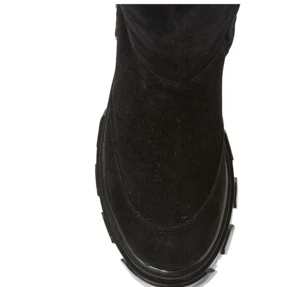 Farm Rio Boots Knee High Lug Sole Black Suede Sz 8.5 Tall Chunky Embroidery NEW