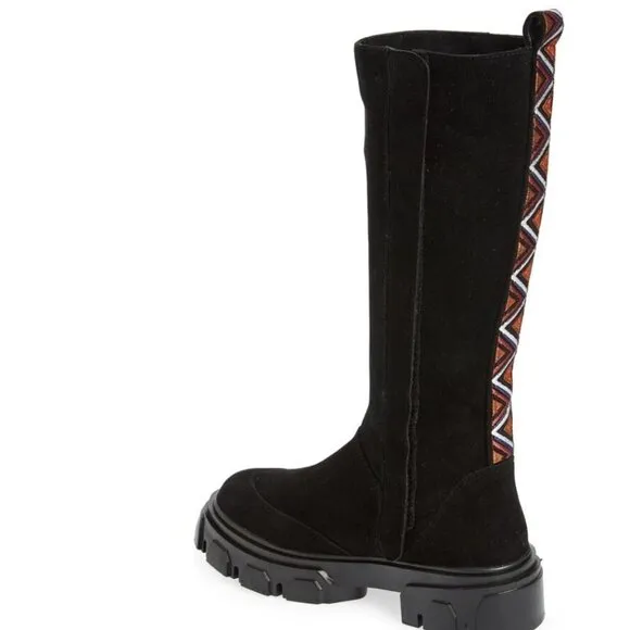 Farm Rio Boots Knee High Lug Sole Black Suede Women 7 Tall Chunky Embroidery NEW