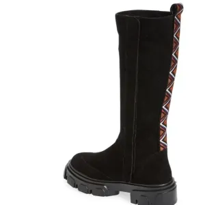 Farm Rio Boots Knee High Lug Sole Black Suede Women 7 Tall Chunky Embroidery NEW