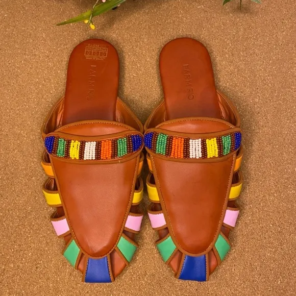 Farm Rio Sandals Mule Rust Rainbow Beaded Size 7.5