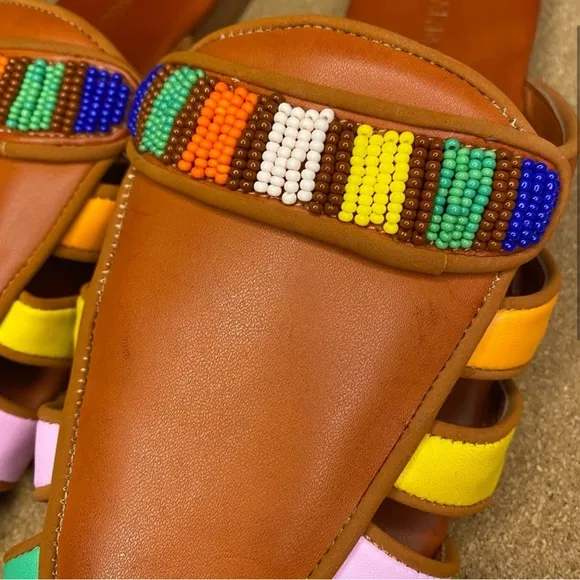 Farm Rio Sandals Mule Rust Rainbow Beaded Size 7.5