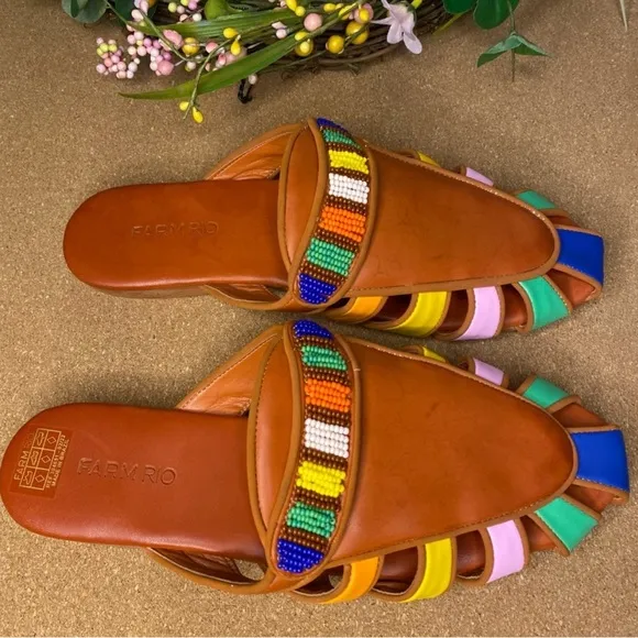 Farm Rio Sandals Mule Rust Rainbow Beaded Size 7.5