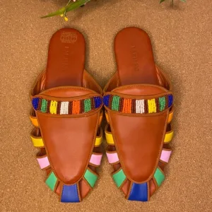 Farm Rio Sandals Mule Rust Rainbow Beaded Size 7.5