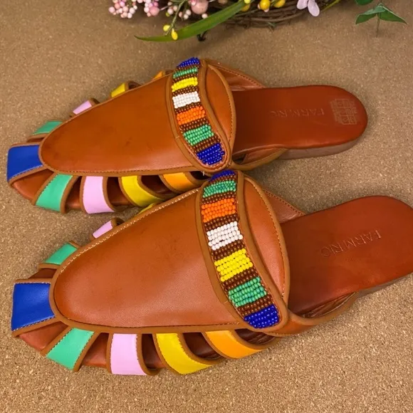 Farm Rio Sandals Mule Rust Rainbow Beaded Size 7.5