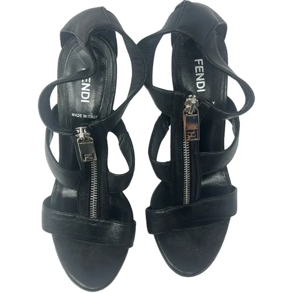 Fendi Black Leather Zipper Gladiator Heel Sandals- Size 7.5