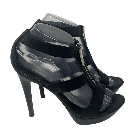 Fendi Black Leather Zipper Gladiator Heel Sandals- Size 7.5