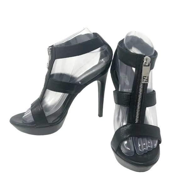 Fendi Black Leather Zipper Gladiator Heel Sandals- Size 7.5