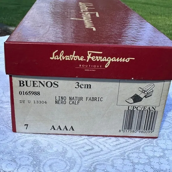 Ferragamo Black and Beige Slingback Sandals with Gold Buckle Block Heel (Size 7)