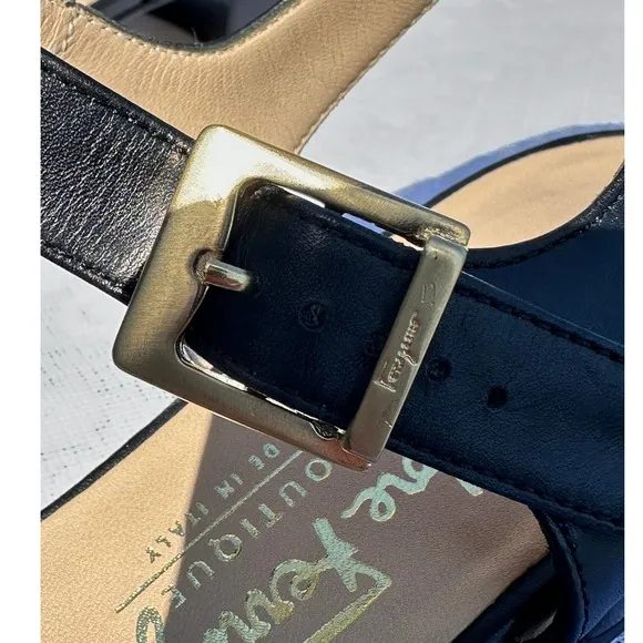 Ferragamo Black and Beige Slingback Sandals with Gold Buckle Block Heel (Size 7)