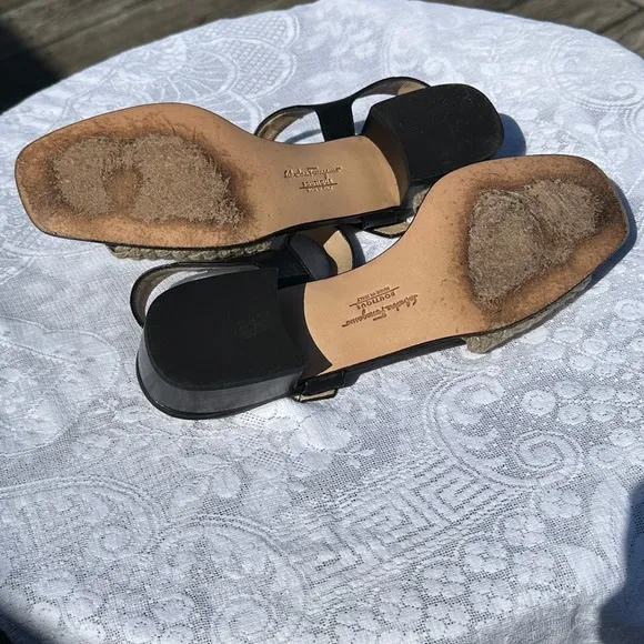 Ferragamo Black and Beige Slingback Sandals with Gold Buckle Block Heel (Size 7)