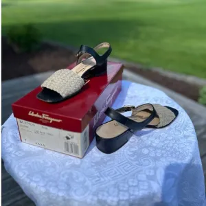 Ferragamo Black and Beige Slingback Sandals with Gold Buckle Block Heel (Size 7)