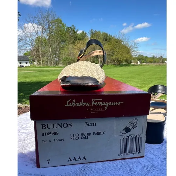 Ferragamo Black and Beige Slingback Sandals with Gold Buckle Block Heel (Size 7)