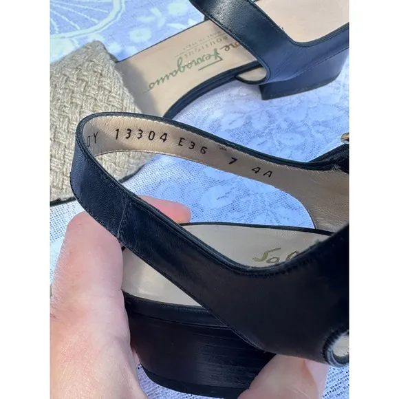 Ferragamo Black and Beige Slingback Sandals with Gold Buckle Block Heel (Size 7)