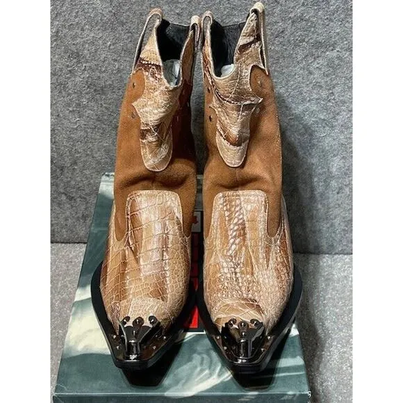 Fiesso by Aurelio Garcia Boots Mens 9 FI6054 Snakeskin Silver Tip Mid Calf Brown
